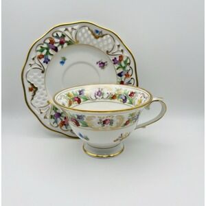 Schumann Bavaria Dresden Line Tea Cup Reticulated Saucer Floral Gold Trim Set